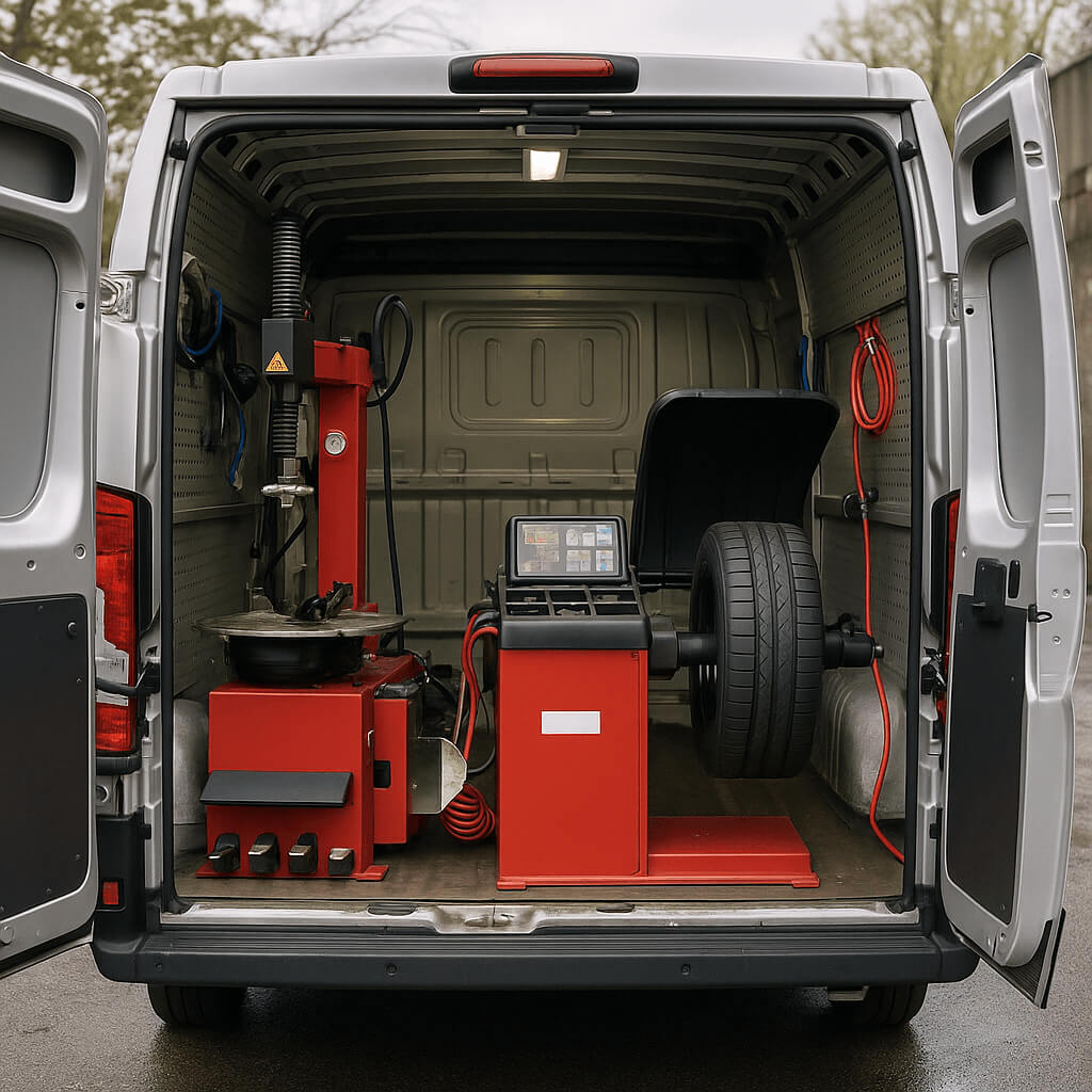 Car service workers with new tires at the shop