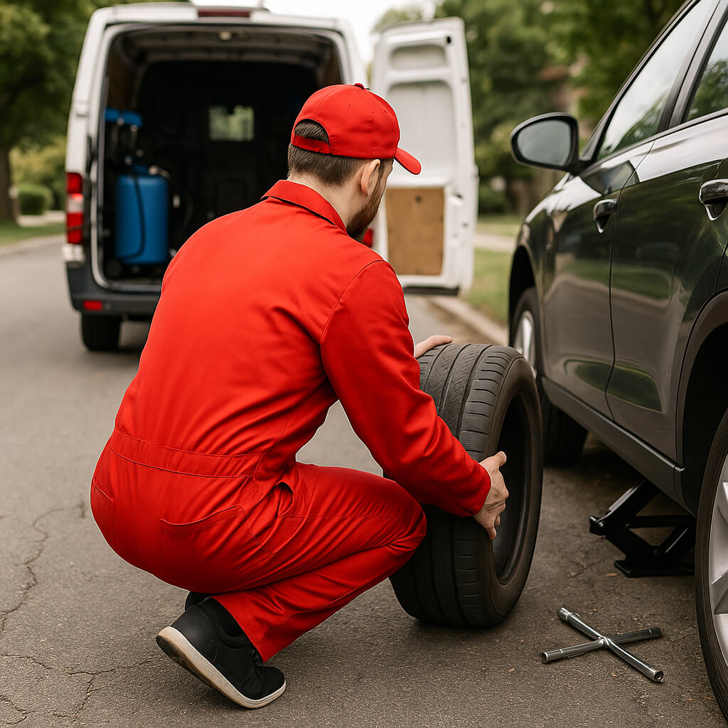 Workers changing wheels at the car service